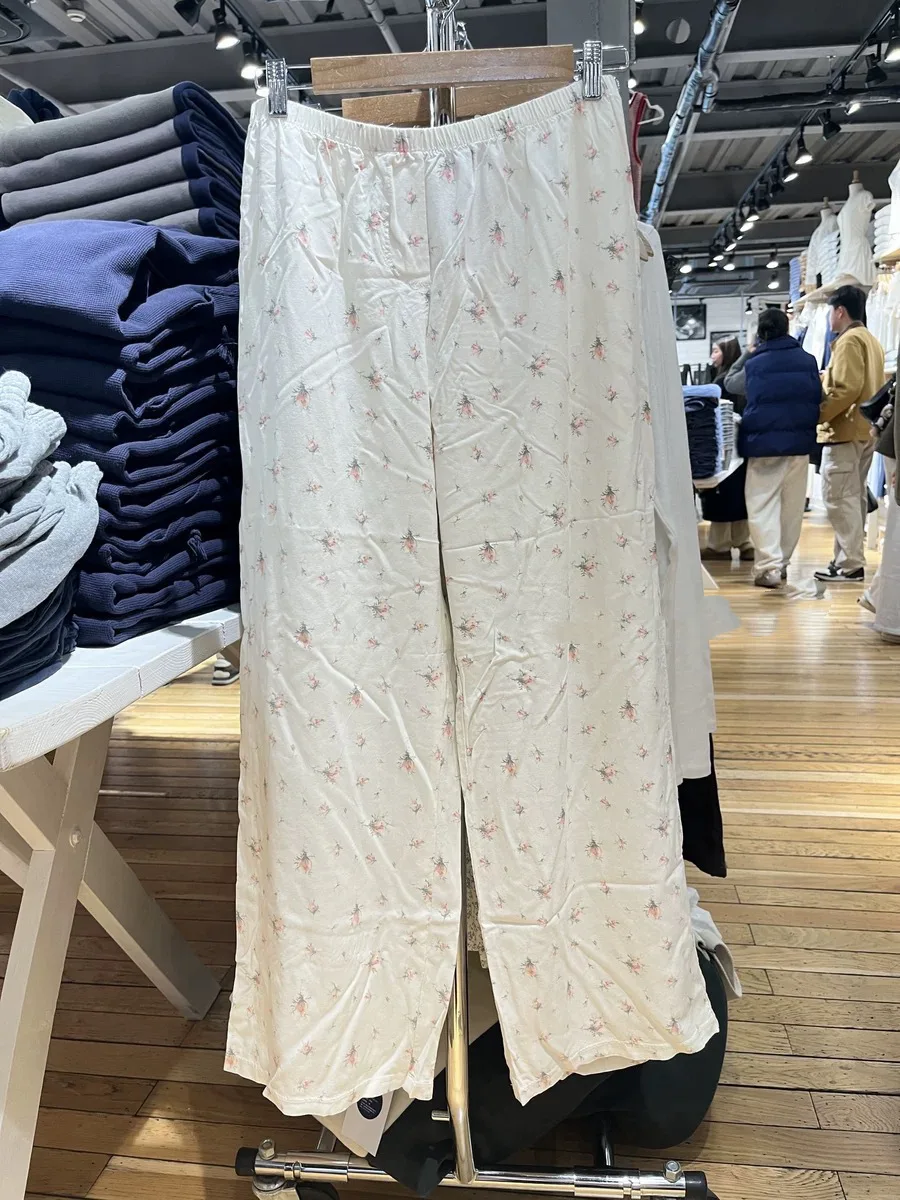 Rosa floral impressão perna larga calça feminina cintura alta elástica algodão solto calças retas verão novo doce chique casa calças casuais