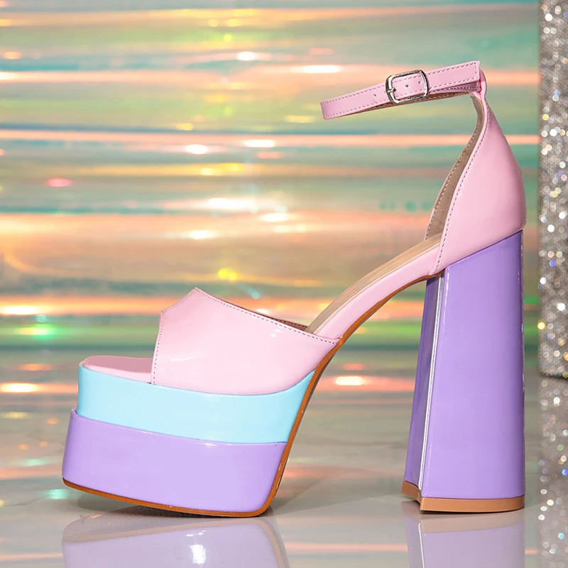 Liyke تصميم الأزياء مختلط الألوان صنادل أرضية مزدوجة للنساء الصيف ساحة تو كعب عالي مكتنز أحذية الحفلات الراقصة حجم 42 #6