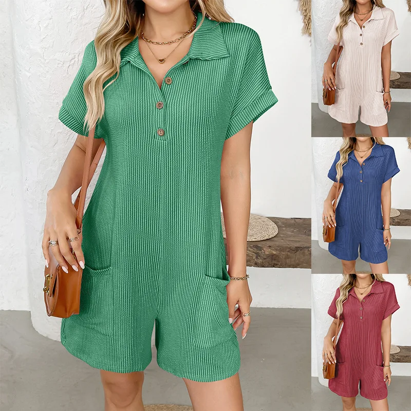 

2026 Summer Collared Buttoned Loose Pocket Short-sleeve Jumpsuit Bodysuit Pants