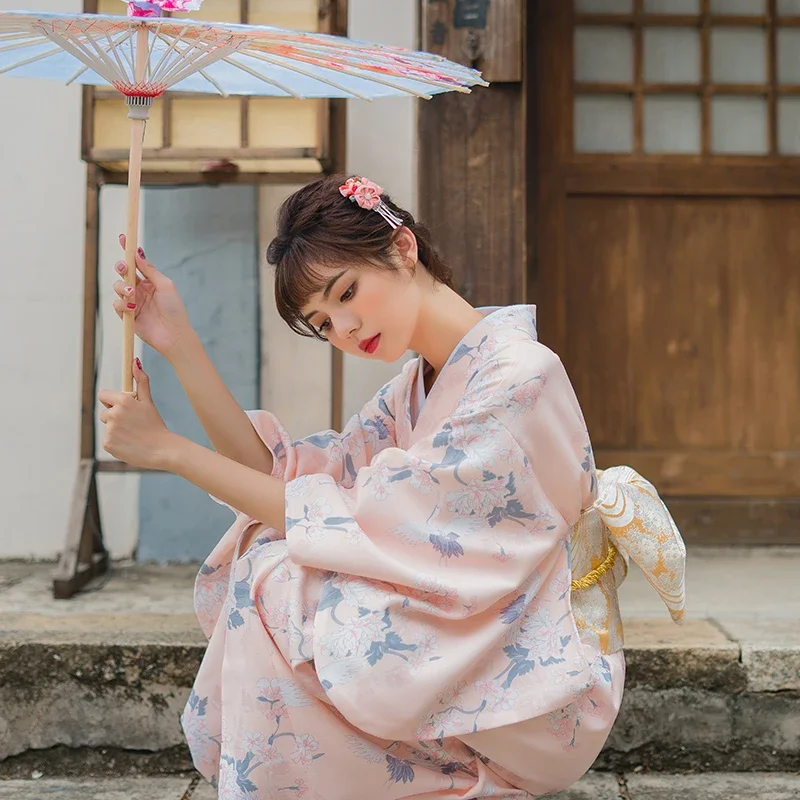 

Women's Japan Kimono Pink Color Beautiful Flower Prints Japan Traditional Yukata Cosplay Clothing Stage Performing Wear