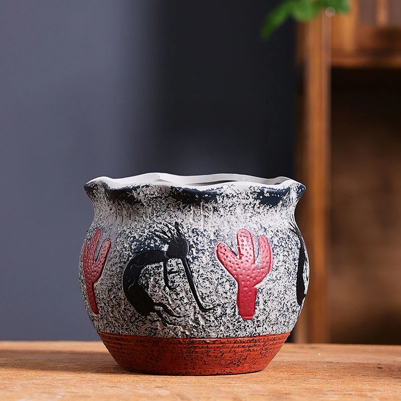 Mediterranean Succulent Flower Pot Large Diameter Red Ceramic Old Pile Basin Retro Household Use view 3