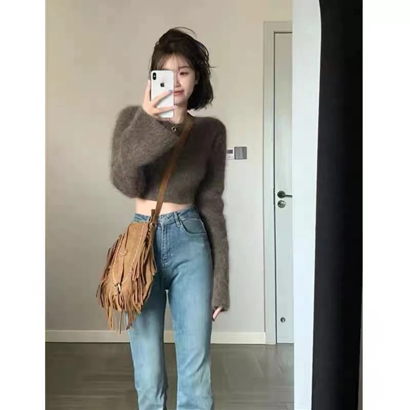 달콤하고 매운 소녀 스타일 마이크로 플레어 진 레트로 블루 한국 스타일 하이웨이스트 슬림 플러스 사이즈 여성용 롱 팬츠