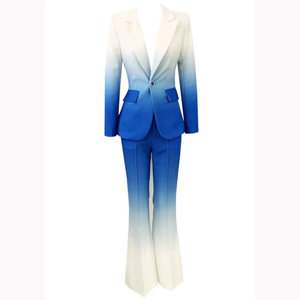 

Customized Women's Suits Blue and White Gradient Casual Suit Single Button Double-breasted Two Pieces (Jacket+Pants) Daily Set