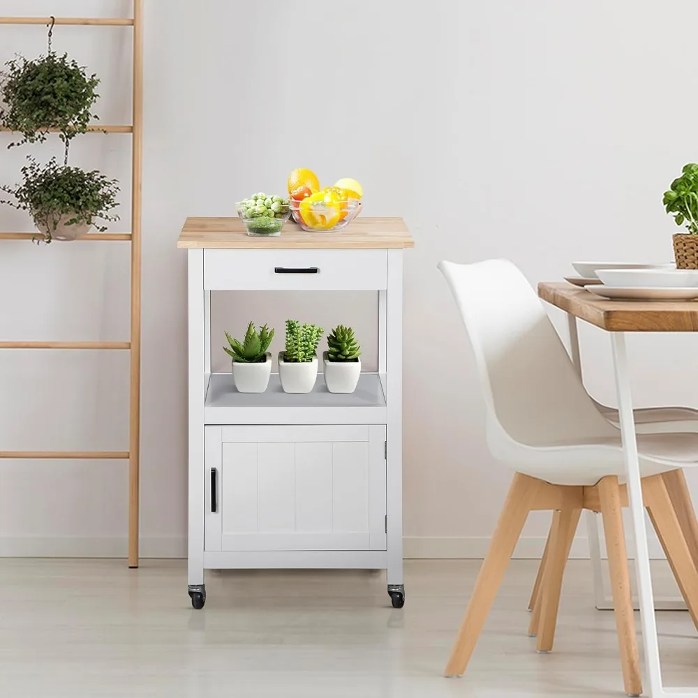 

Kitchen Island on Swivel Wheels with Drawer, Rolling Kitchens Cart Storage Cabinet with 3 Side Hooks, Rolling Kitchen Cart