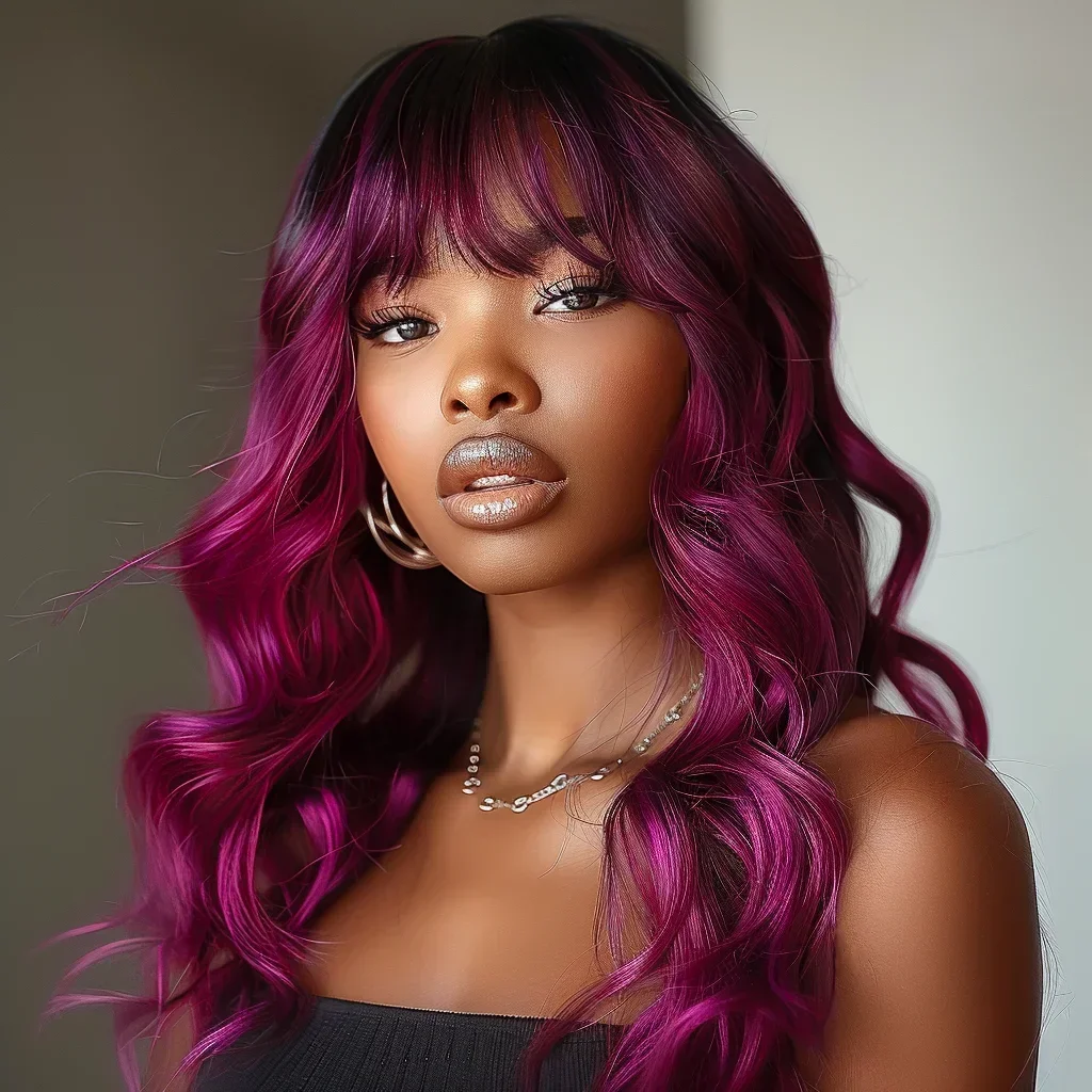 

Body Wave Human Hair Wigs With Bangs Fringe 180D Purple Glueless Loose Deep Wavy Brazilian Full Machine Made Women Wigs 1B/27