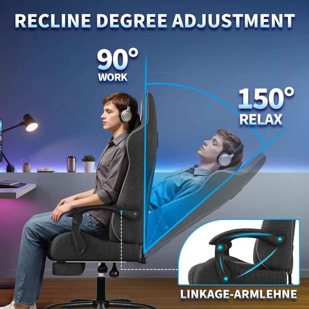 كرسي ألعاب مريح من القماش مع مسند للقدمين، كرسي كمبيوتر مسامي للكبيرة والطويلة، وسادة داعمة للفقرات القطنية، ألعاب مريحة #6