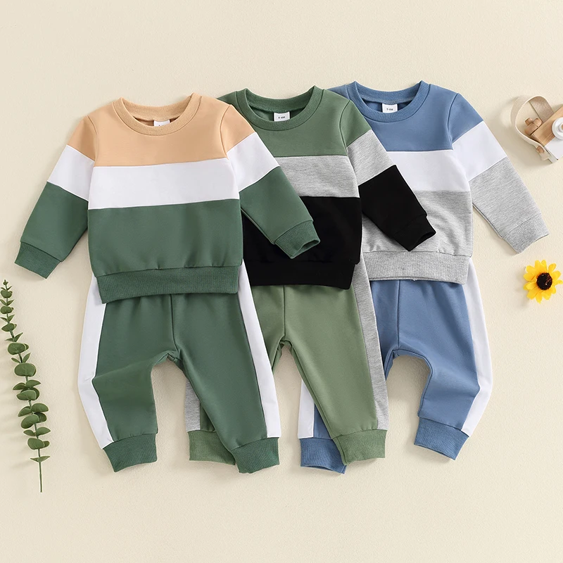 Toddler Kids Baby Boys Autumn Clothing Set Long Sleeve O-neck Contrast Color Sweatshirt Drawstring Long Pants Casual Outfits