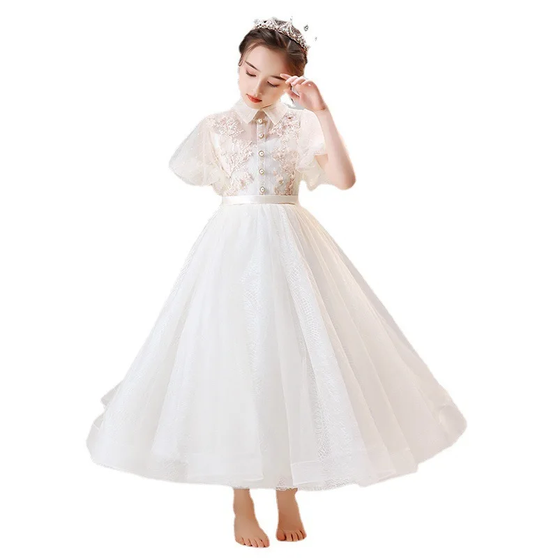 White Elegant Dress for Young Girls Kids Flower Appliques Ball Gowns Children Baptism Pageant Birthday Formal Party Vestidos