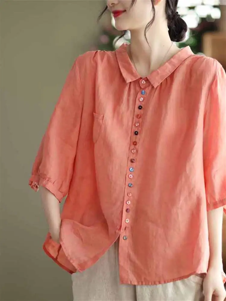 Camicetta in lino di cotone blu con bottoni vintage ort Sve irt da donna di marca originale