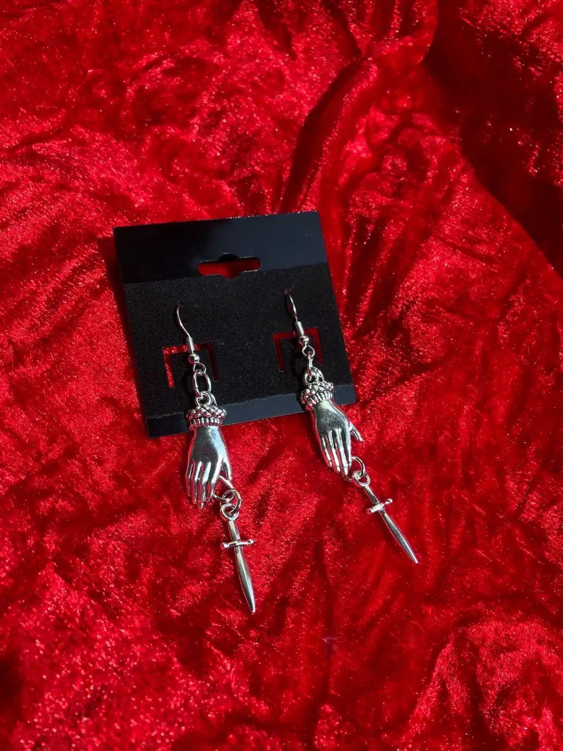 Gothic Hand and Dagger Demon Bats Pendant Earrings