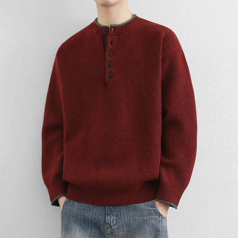 

Мужской зимний свитер оверсайз с открытым передом, воротником хенли, в американском стиле, свободный, повседневный, люксовый, теплый, вязаный