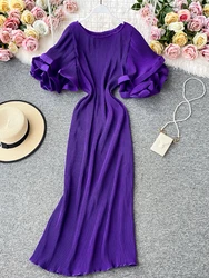 Casual Round Neck Flare Short Sleeve Pleated Long Dress Vintage High Waist Ruffles Female Vestidos New Fashion Robe Mujer 2022