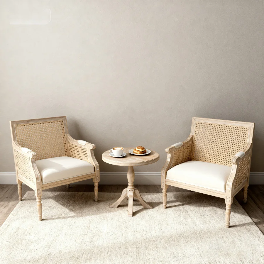 French Accent Chair, Armchair with Upholstered, Reading Chair with Vintage Rattan Hollow Out, for Living Rooms, Bedrooms, Farmh