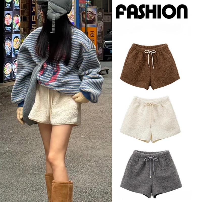 Short chaud en fausse laine d'agneau pour femme, vêtement de maison doux et doux, Kawaii, fille épicée, Streetwear, pantalon chaud à lacets, automne et hiver