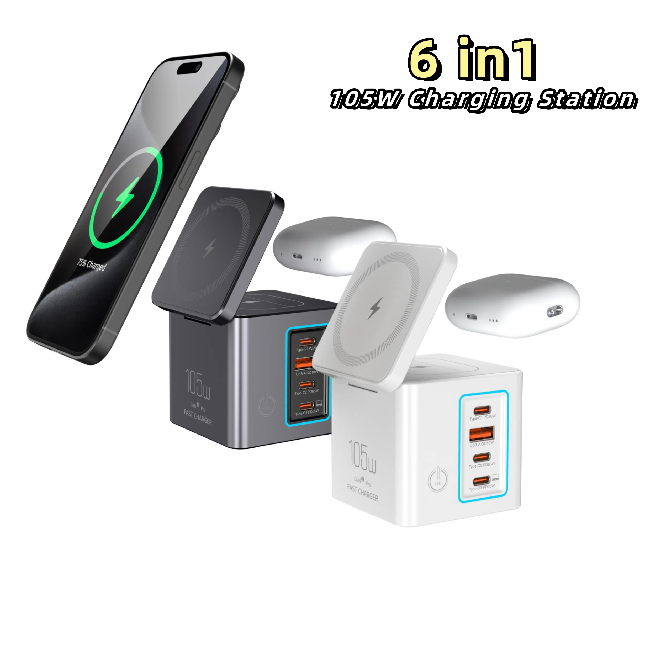 

Зарядная станция 6 в 1, 105 Вт, беспроводное зарядное устройство для телефона 15 Вт, наушники 5 Вт для нескольких устройств, беспроводная зарядка 15 Вт