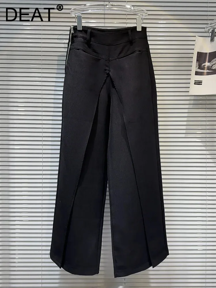 DEAT New Items Trendy Women's Fake Two-piece Wide Leg Pants 2024 Spring Fashion High Waist Solid Color Trousers Female 11XX8864