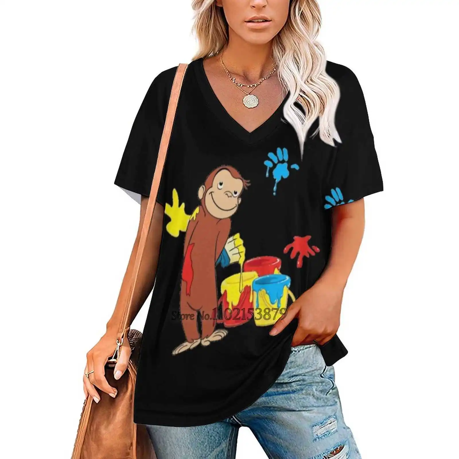 George Women V Neck T-Shirt Casual Sexy T Shirts Hollow Out Zipper Pullover Top Curious George Monkey Colorful Y2K Clothes