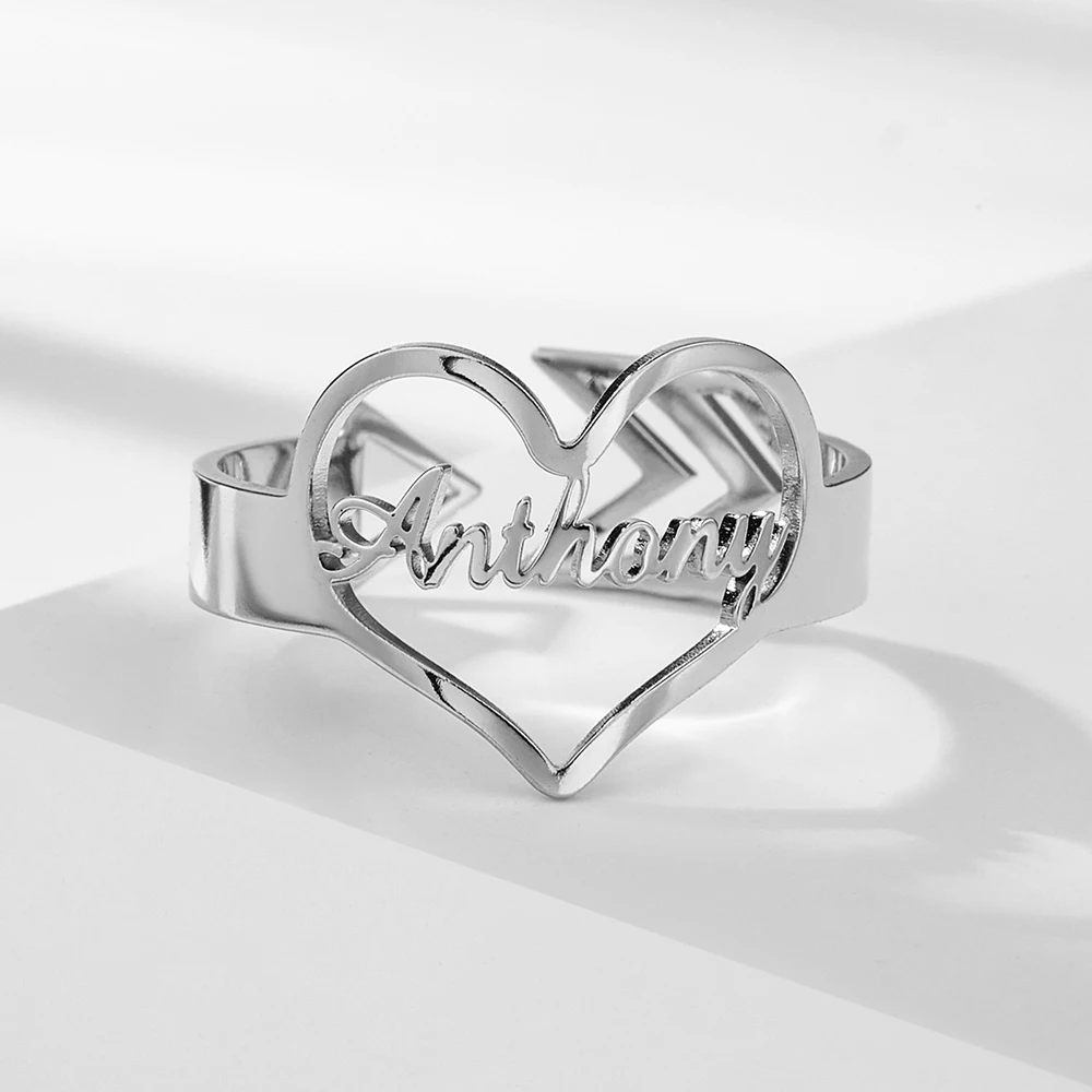 Sipuris Damenringe, Herzform, Edelstahl, personalisierbarer Namensring, trendige, verstellbare Öffnung, modischer Schmuck, Geschenke für Frauen 2024 – Detail 9
