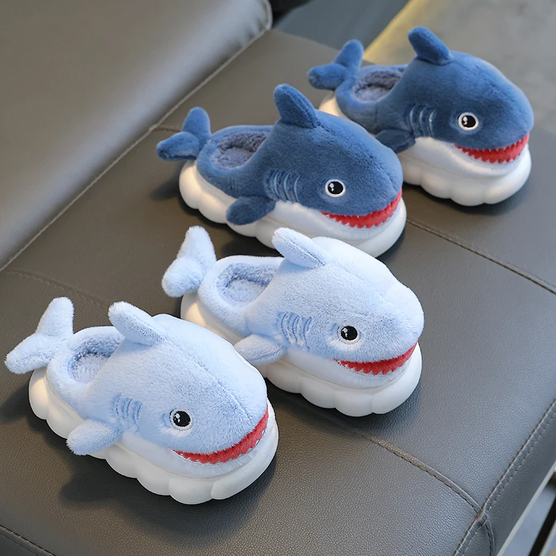 New Winter Cute Cartoon Shark Shaped Cotton Slippers Children\'s Non-slip Soft For Kids Girls And Boys Baby Warm Plush Home Shoes