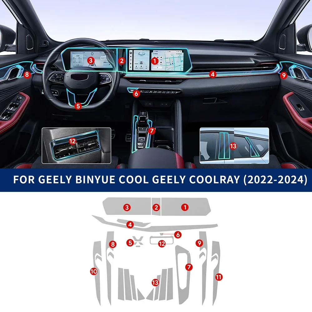 

Для Geely COOLRAY 2022 2023 2024 / Geely Binyue Cool: Защитная пленка из ТПУ для центральной консоли и панели переключения передач, аксессуары для интерьера автомобиля, защита от царапин