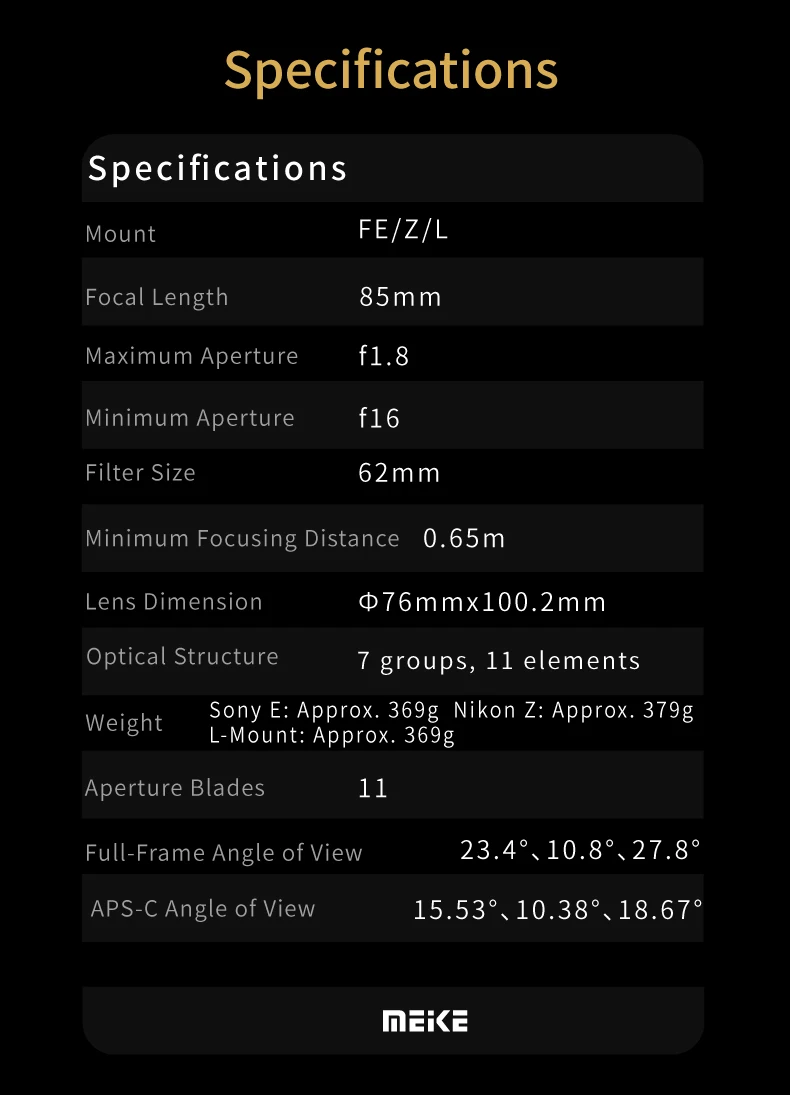 Meike 85mm F1.8 SE Mark II Vollformat-Autofokus-STM-Objektiv für Sony E/Canon EF/Nikon F/Nikon Z/Panasonic L-Mount Kameras – Detail 9