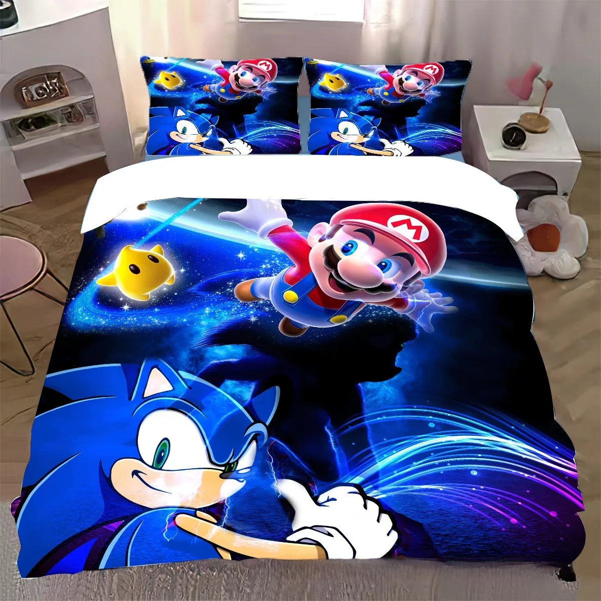 Copripiumino anime Set biancheria da letto Super M-Mario, Copriletto morbido S-Sonics per bambini, Set letto king size singolo doppio completo