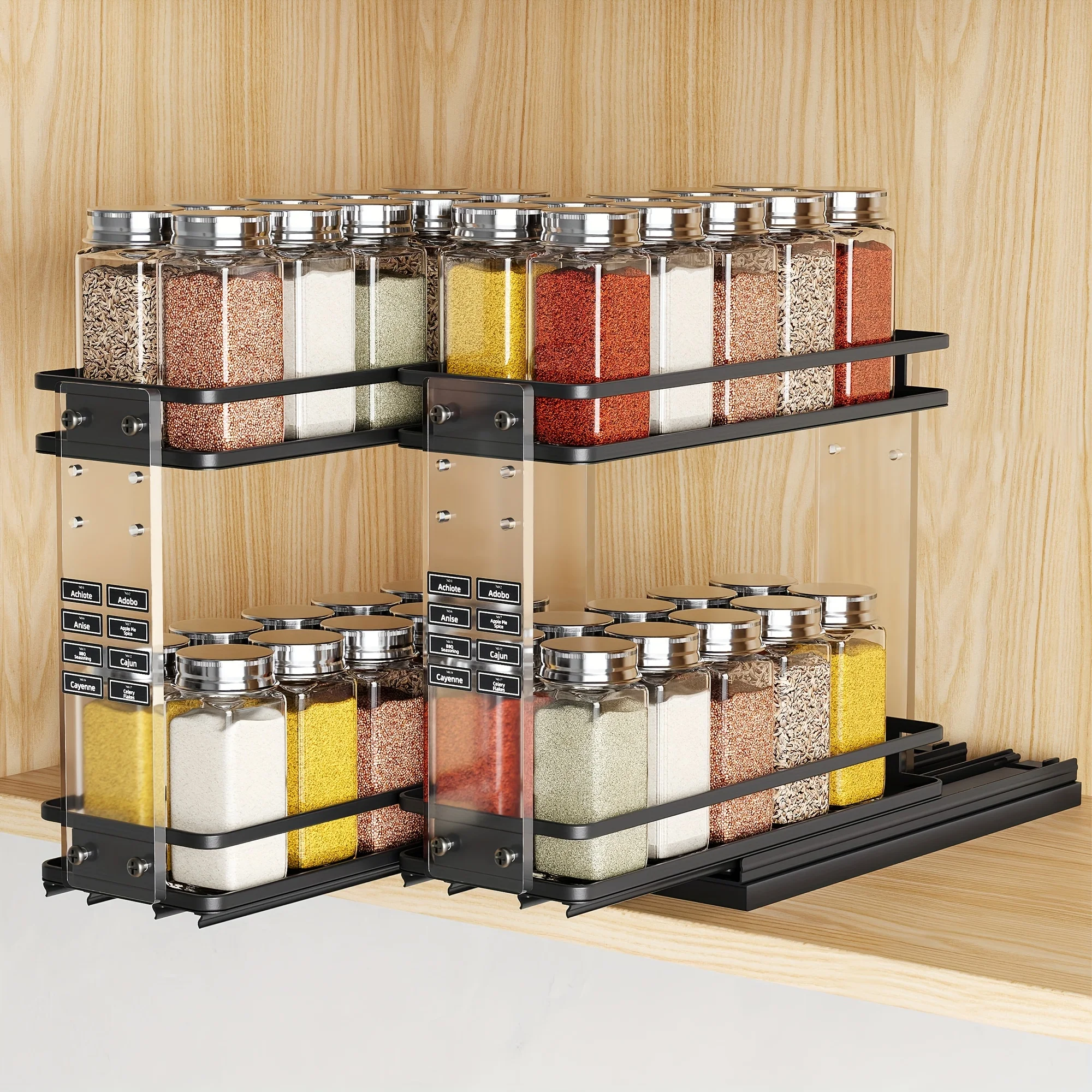 

2pcs Double Tier Adjustable Height Cabinet Pull Out Spice Rack, Rust Resistant Under Cabinet Organizer, Adjustable L-Shaped Counter Spice Bottle Organizer, Spice Organizer Rack, 2 Tier, 7.2 Inch, Kitchen Accessory (with Spice Label Stickers)