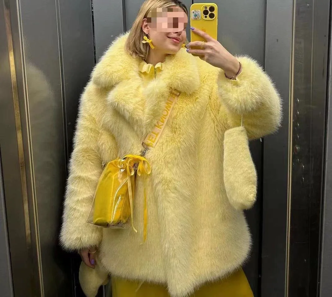 Damskie płaszcze z futra lisa, długi rękaw, grube, ciepłe kurtki, kołnierz, luźny krój, streetwear, łączony, elegancki płaszcz, jesień-zima