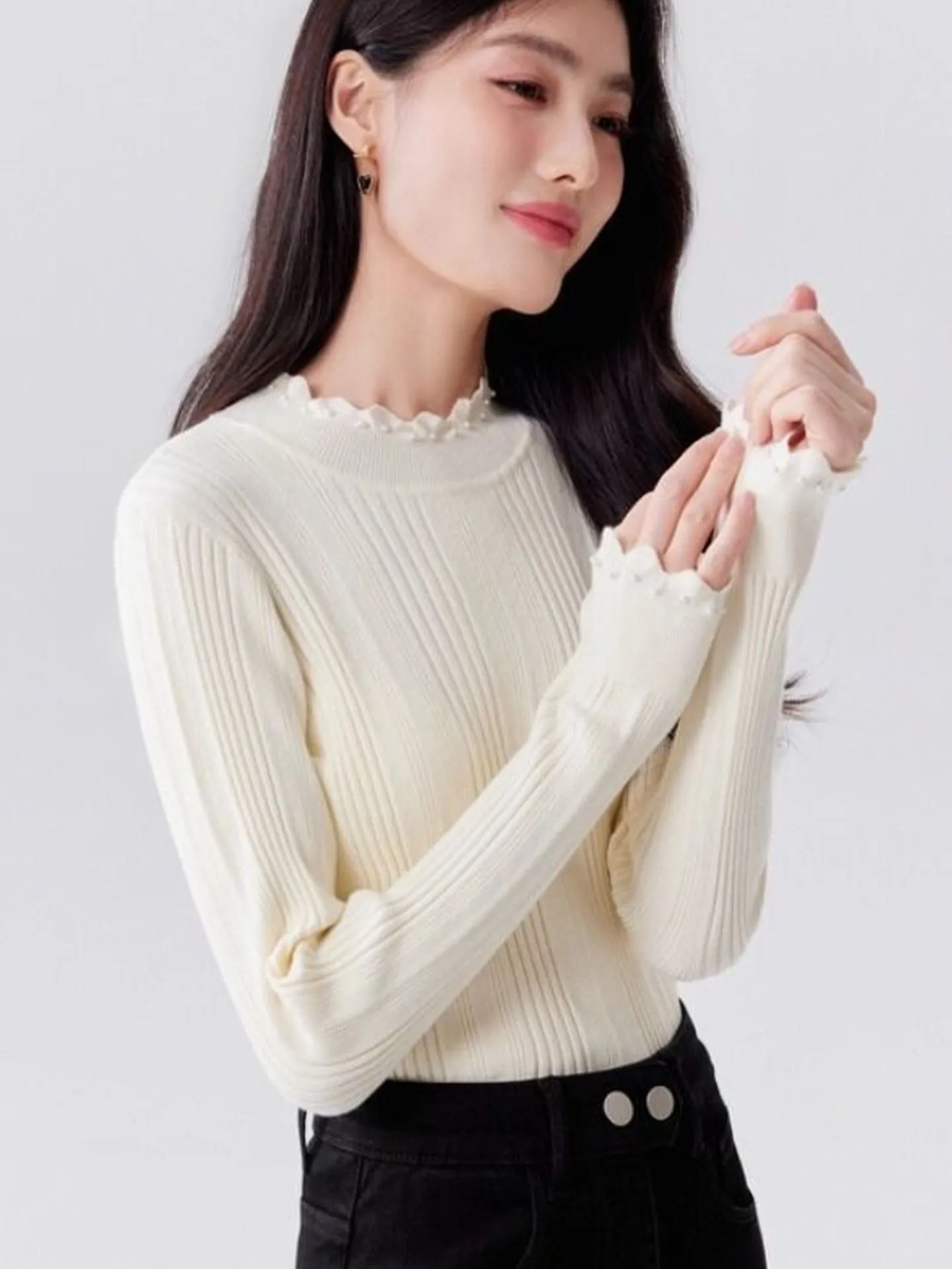 

Faionable Pure Color Long Sve Base irt European High-End Brand Knitted Winter New Arrival Versatile Sli Top for Women