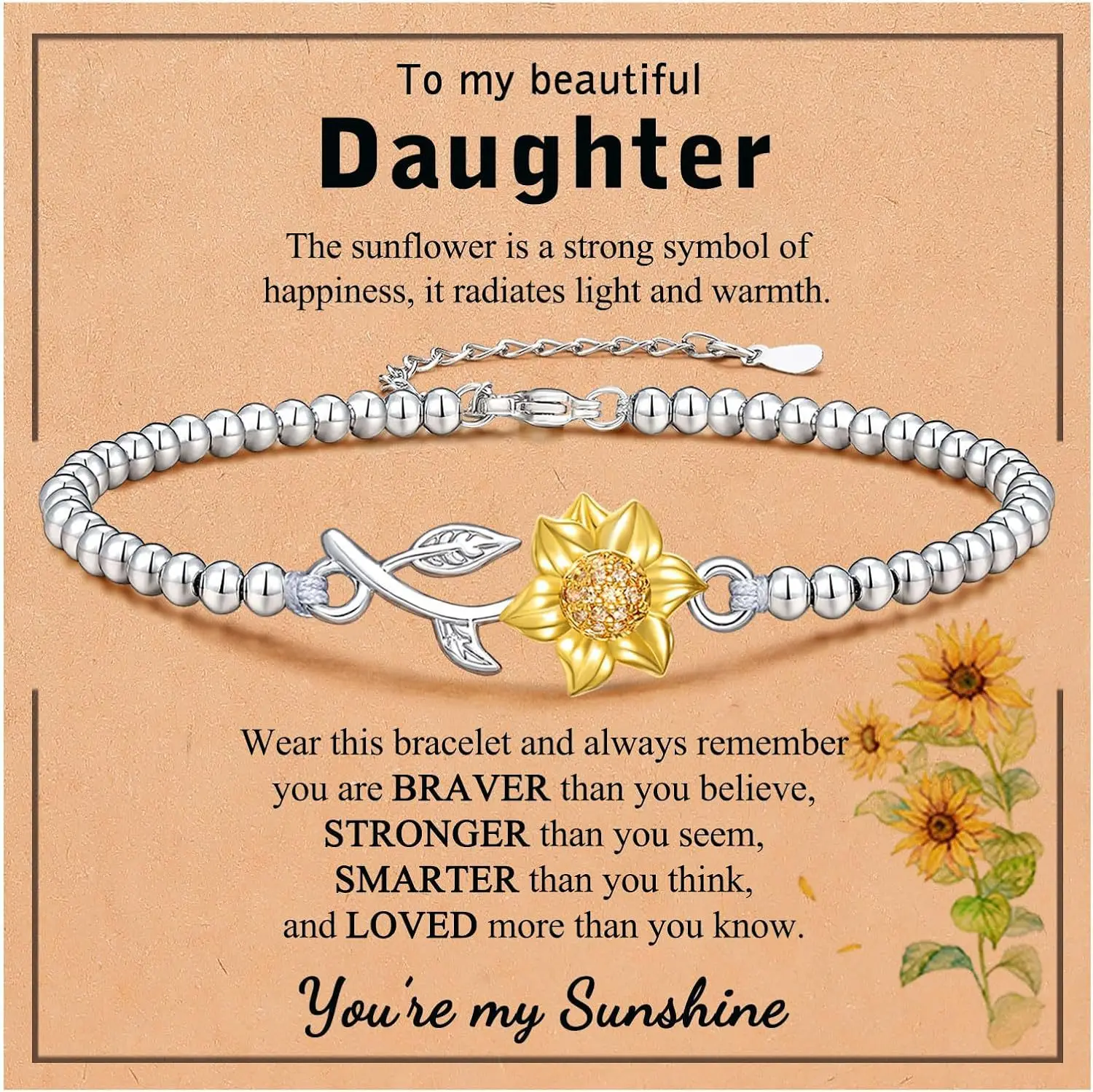 Stainless Steel Metal Beads Golden Sunflower Charm Handmade Wrap Inspirational Bracelets for Birthday Gift for Daughters Nieces