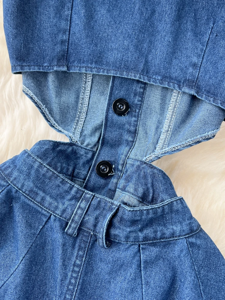 Robe en denim rétro pour femme, coupe boutonnée, taille creuse, coupe couvertes, mi-longue, revers en fibre, fente sur le genou, chaud, été