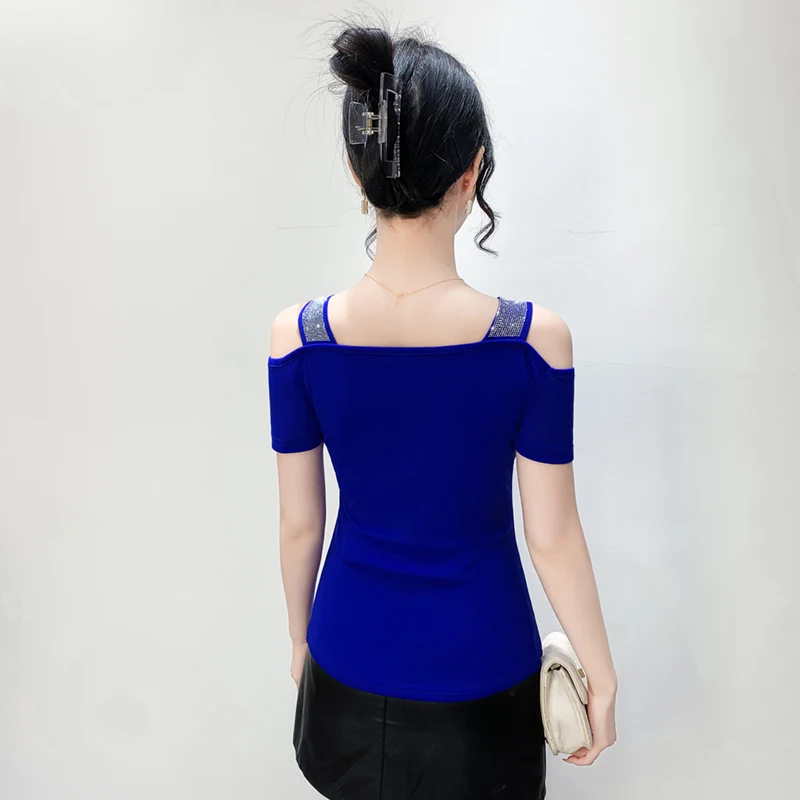 Newest European Clothes Women's T-Shirts Brand Design Flower Hot Diamonds Tops Off Shoulder Summer Female Luxury Streetwear Tees