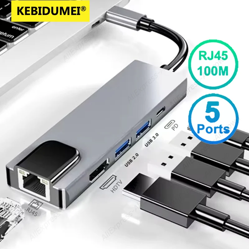 5-IN-1 USB C Docking Station Type C to RJ45 100M/HD 4K Splitter USB 3.0 5Gbps High Speed PD 100W RJ45 100M Adapter For Laptop PC