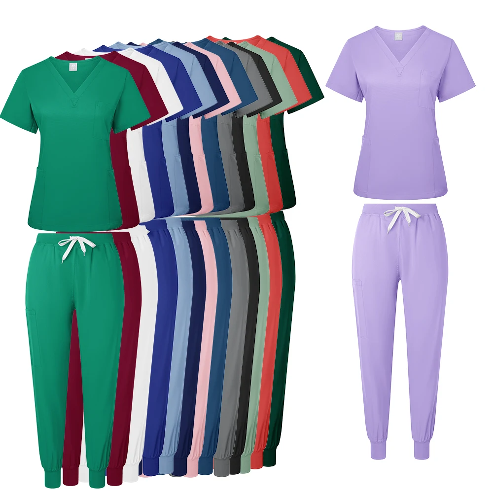 Love Damen Medizinisches Peelings-Set mit vier Taschen, OP-Uniform mit V-Ausschnitt, Krankenschwester-Peelings, Anzüge, Zahn-Peelings, Arbeitskleidung mit Jogginghose