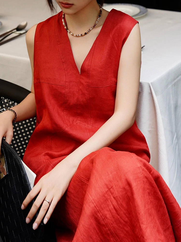 Boho Angora Czerwona Lniana Kamizelka z Dekoltem w Serek Damska Letnia Elegancka Wycięta Wyszczuplająca Kamizelka do Chodzenia na Zewnątrz