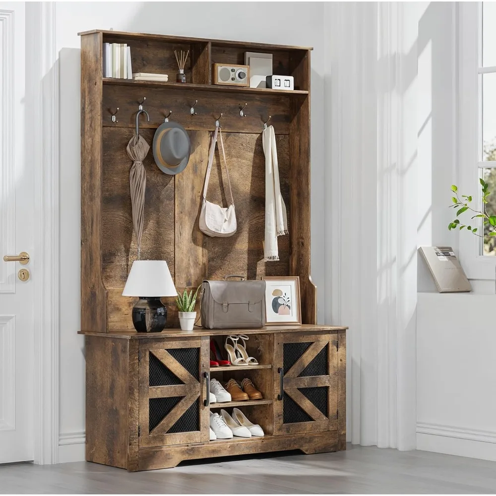 

Hall Tree with Storage Bench, 5-in-1 Entryway Bench with Coat Rack, Shoe Cubbies, Coat Hooks and Barn Door, Shelf for Foyer, Mu