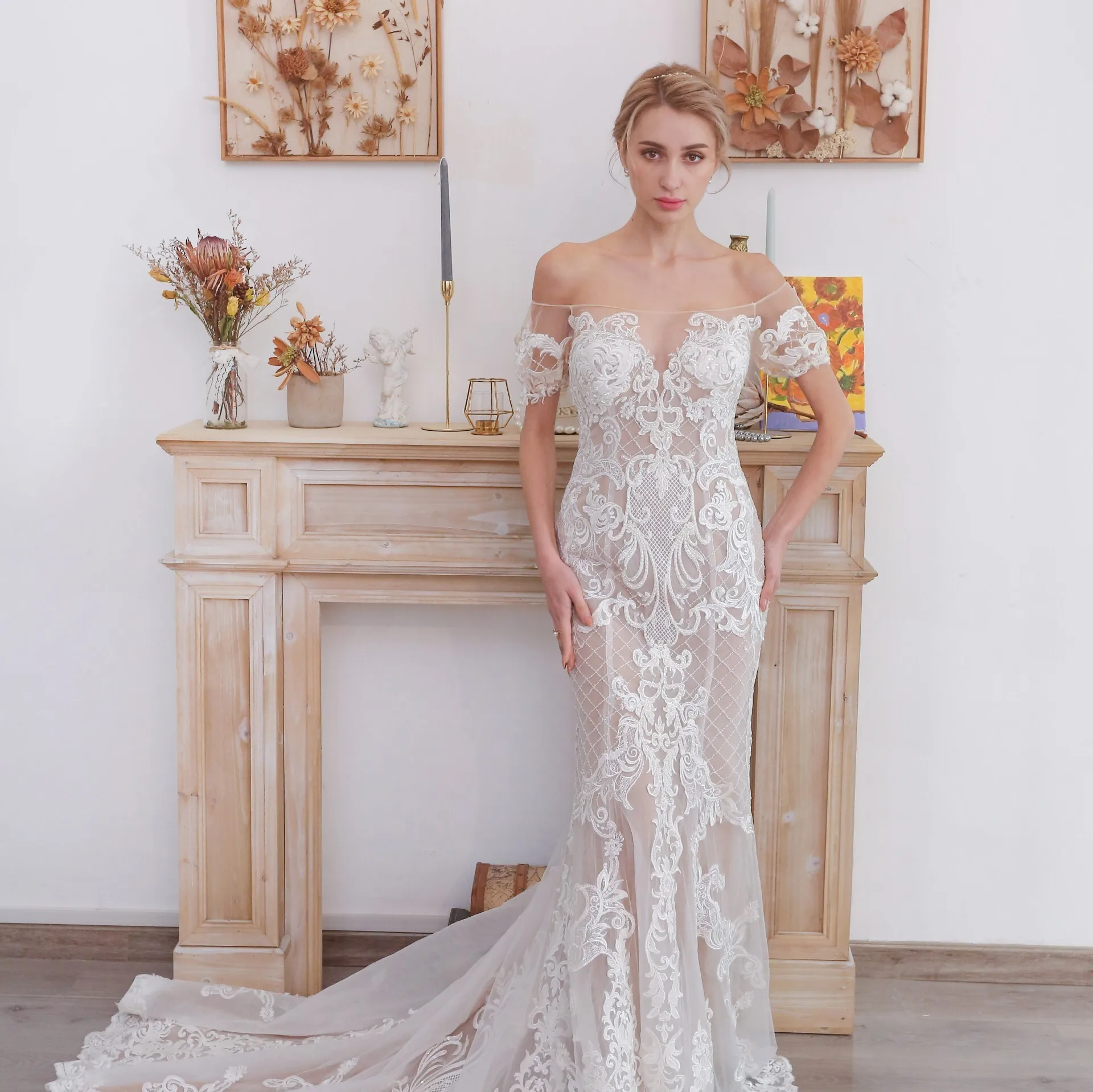 

Mermaid Wedding Dresses Off-Shouder V-Neck Custom Made Appliques Race Sweep Train White Ivory Bridal Gowns