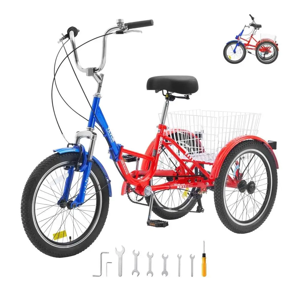 Folding Tricycle 20 Inch 7 Carbon Steel Cruiser with Large Basket Adjustable Seat for Shopping Picnic for women Men