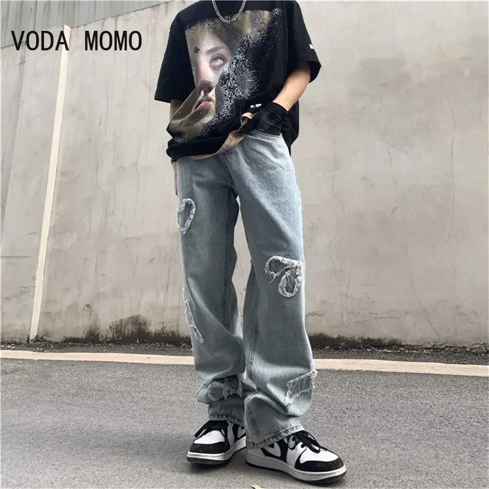 

Heart Embroidery Jeans Men Loose Wide Leg Hip-hop Streetwear Males Students Mopping Denim Trousers Fashion Korean Ulzzang Hombre