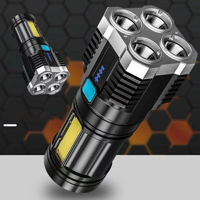 

Tiki new four head strong light flashlight COB side light portable flashlight USB charging with spotlight