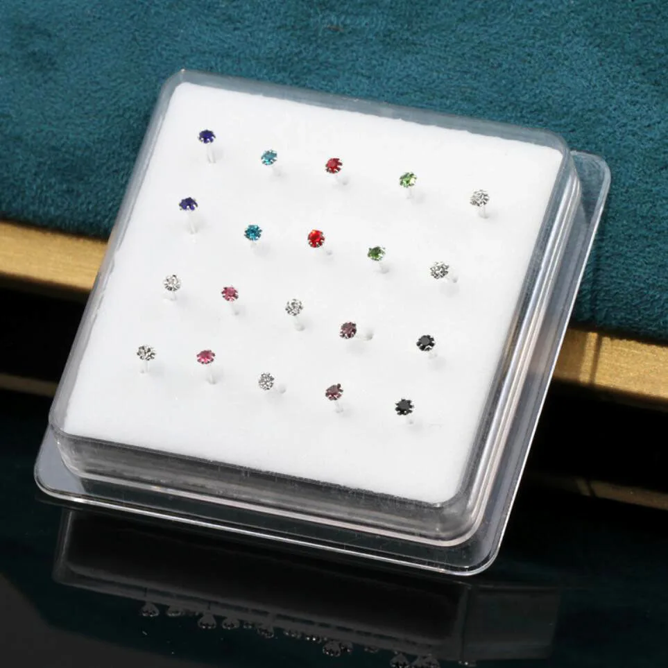 20ps 925 Sterling Silver Four Claw Crystal Nose Studs Simple Fashion Round Crystal Nail & Silver Nose Nose Rings Color Crystal
