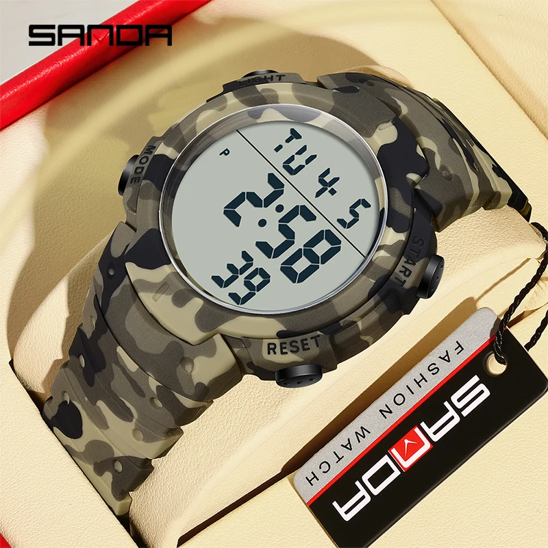 SANDA New Camouflage Series Electronic Men Watch Sport Multi functional Fashion Cool Waterproof LED Luminous Digital Men Watches