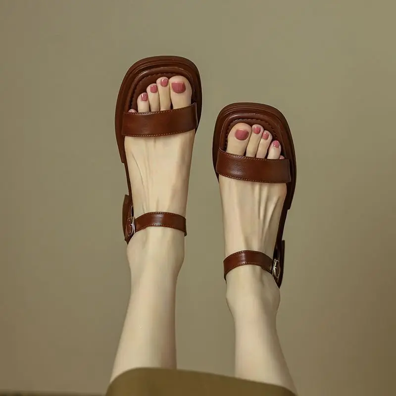 Women's Sandals French Style Temperament Square Head One-word Buckle Sandals Quality Soft Leather Roman Sandals Large Size35-42