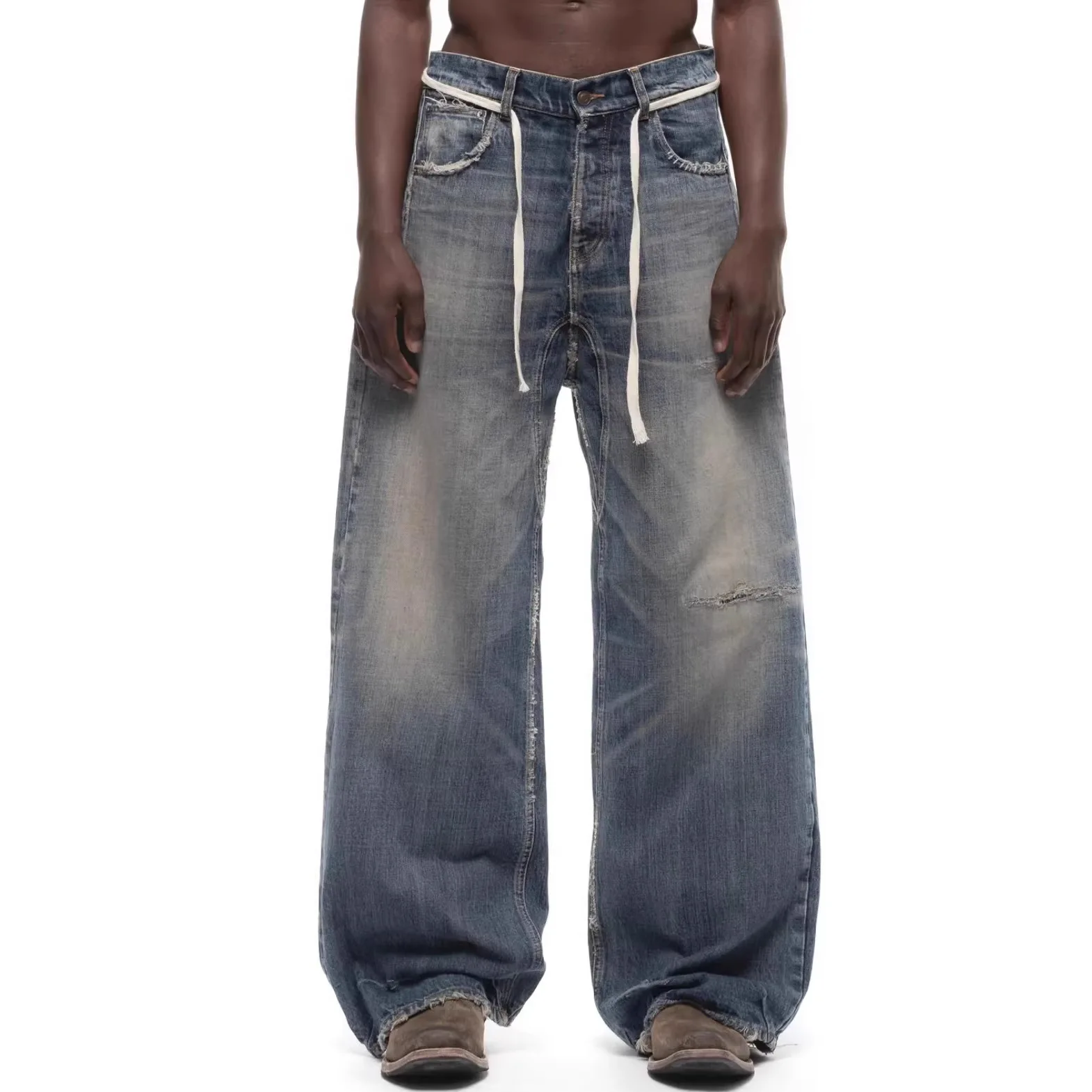 

No Faith Studios Washed Cat Fur Denim Jeans with Cracked Holes and Loose Wide Leg Design for Men Women with Drawstring Closure
