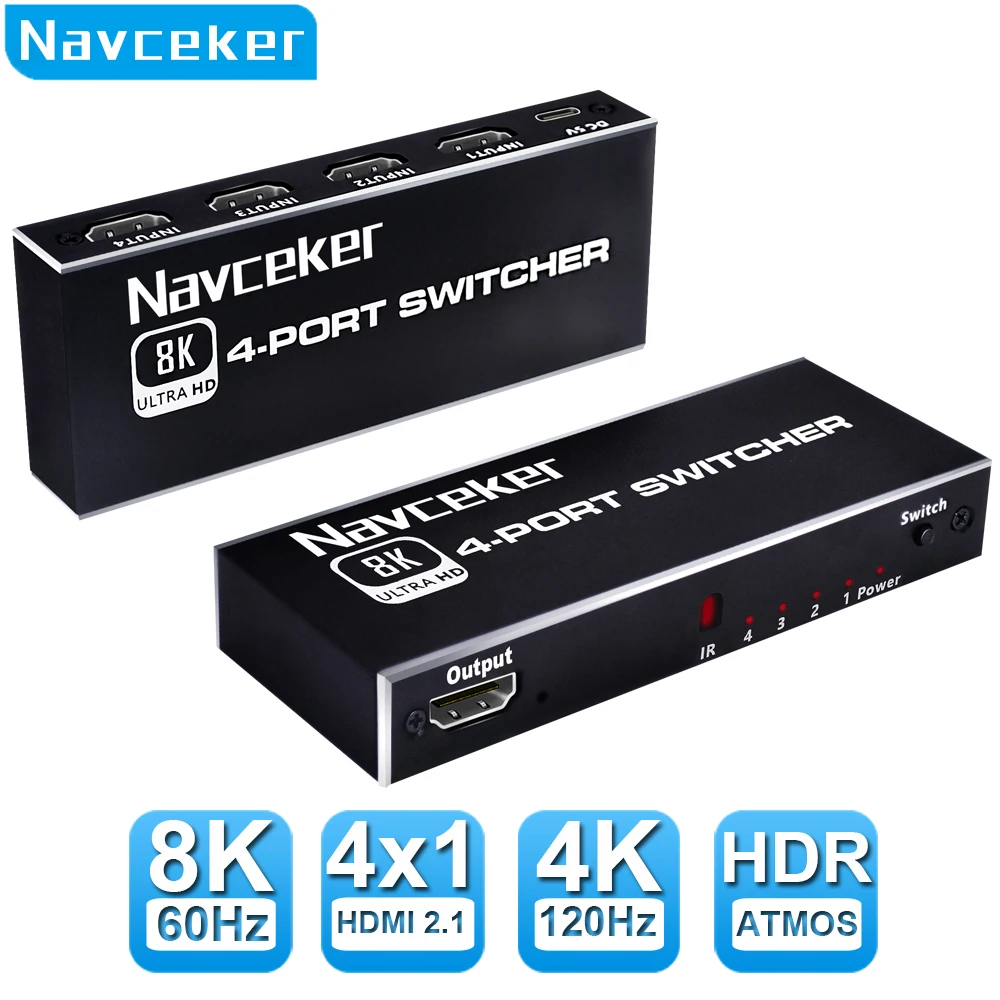 Navceker 8K HDMI 2.1 Switcher Selector 4K 120Hz HD Switch HDMI Splitter 4 In 1 Out 3 In 1 Out for laptop PC Switch TV Box PS5