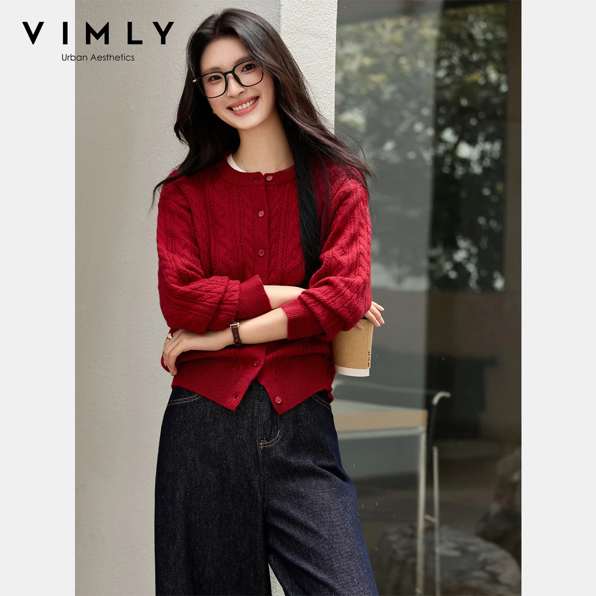 

VIMLY Women's Red Knitted Autumn 2025 Cardigan Elegant Round Neck Wool Blend Sweater Casual Long Sleeve Loose Lady Jumpers 75098