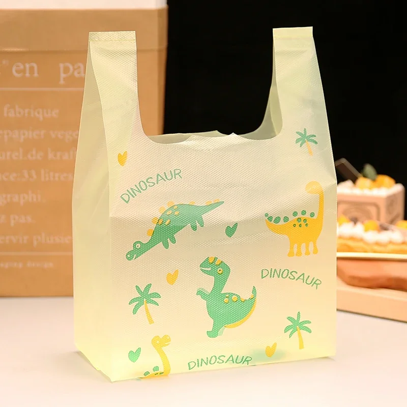 

100pcs Translucent Plastic Portable Packing Bag Catering Takeaway Food Packaging Bag Cartoon Dinosaur Pattern Plastic Bags