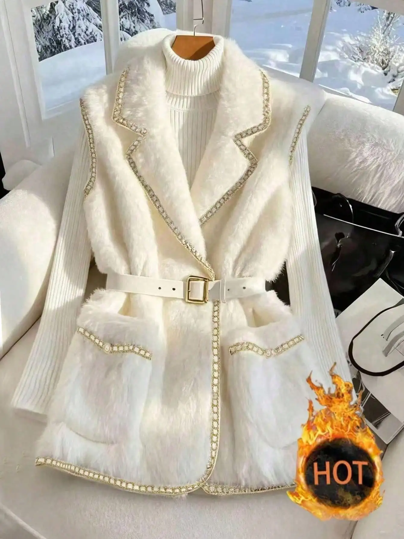 

Белый жилет из искусственного меха с цепочками и поясом, зимняя шикарная верхняя одежда для женщин