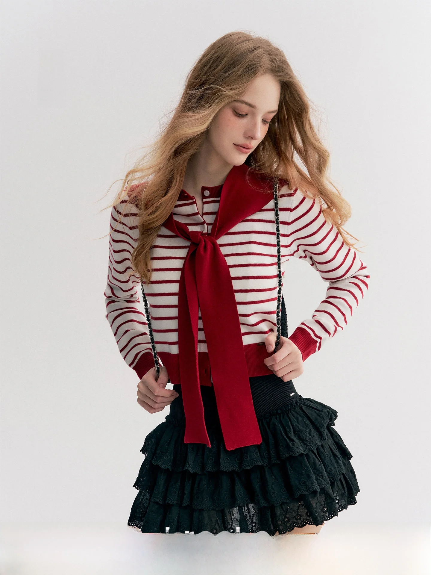 

Комплект из двух предметов: вязаный кардиган в полоску в стиле навикор с узлом на горловине и облегающий лонгслив Ciwalk для женщин