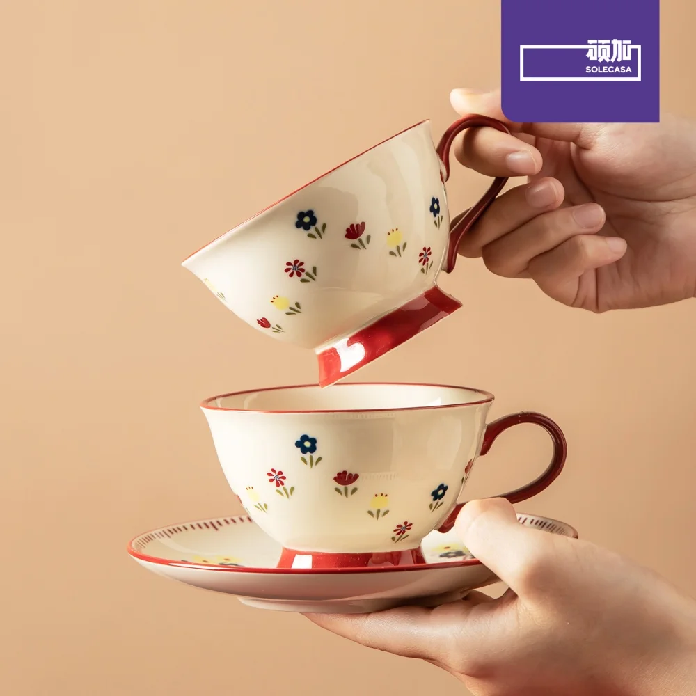SHUNXIANG Retro Floral Ceramic Tea Cup Saucer Set Afternoon Coffee Cup and Saucer Romantic Teaware Sets Gift Set Box Gifting